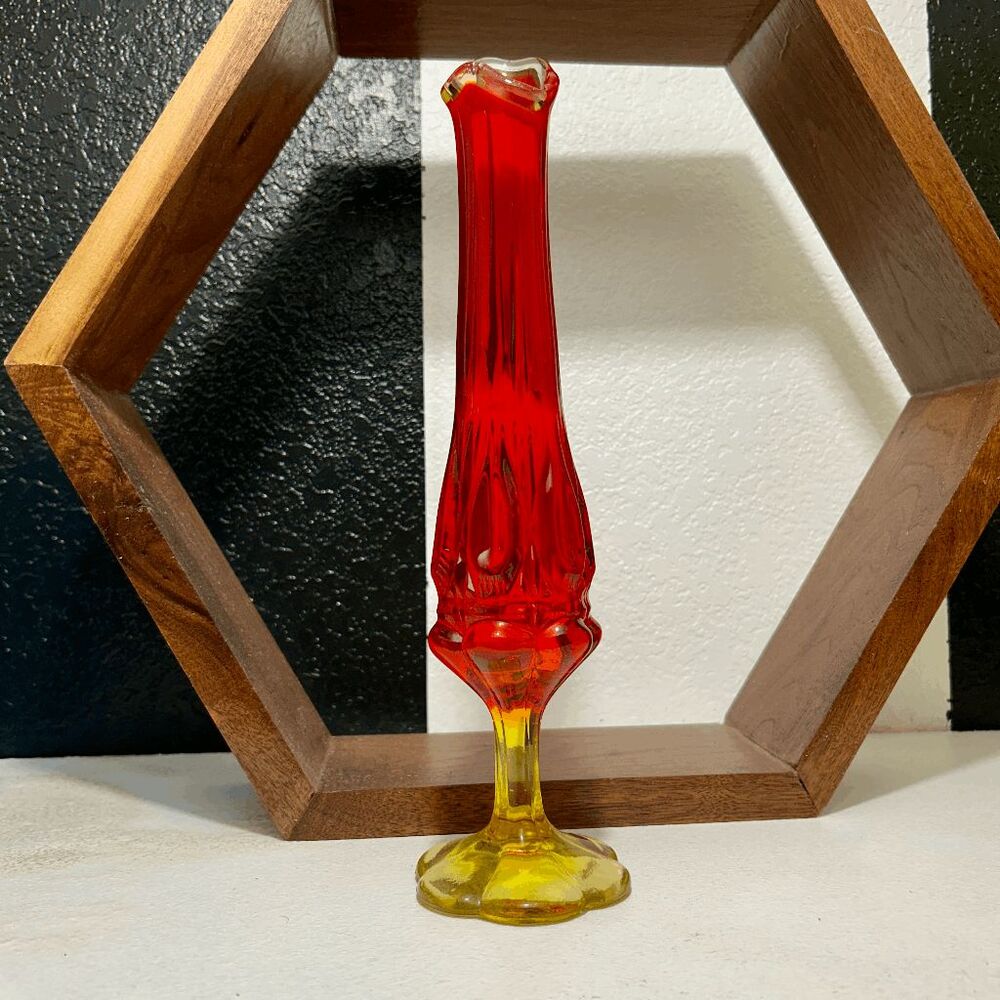 Vintage MCM Kanawha Glass Amberina Bullseye & Daisy Pedestal Swung Vase